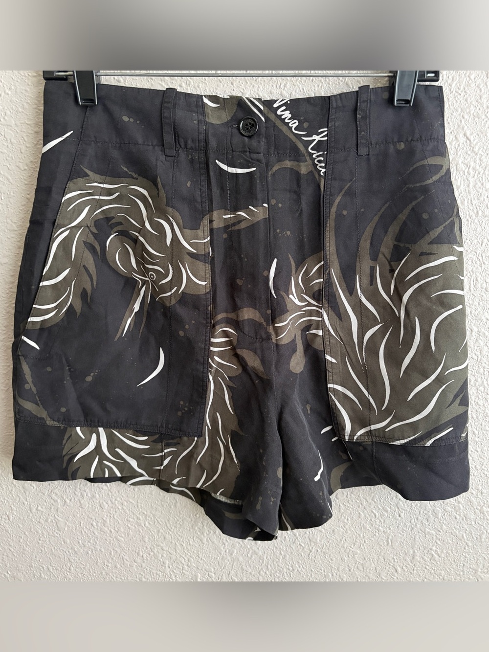 Nina Ricci Black Olive Abstract Print 3” Silk Shorts